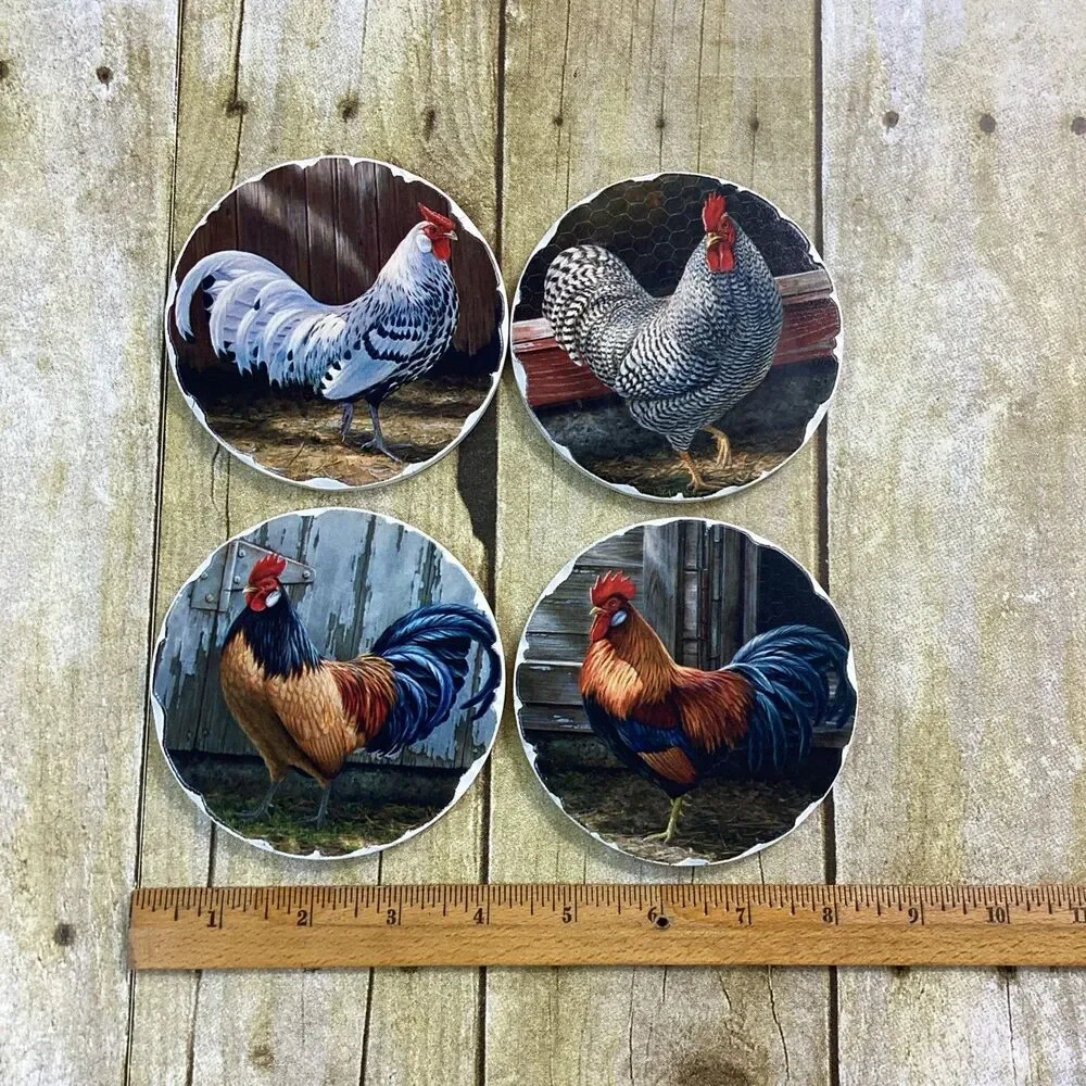 Vintage Rooster Chicken Ceramic Coasters Set of 4 with Holder Farmhouse Decor